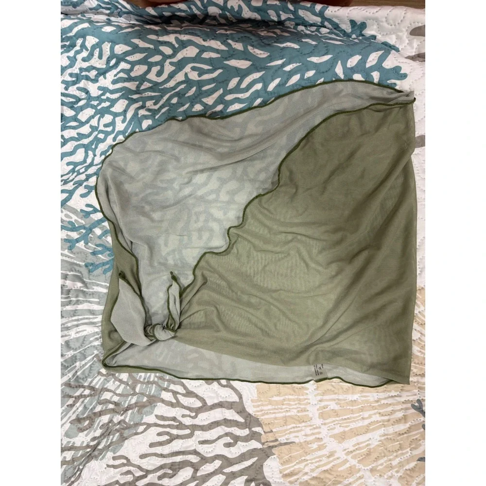 Sage Green Mesh Sarong Bathing Suit Cover Up Sheer Lettuce Trim Wrap Skirt Large